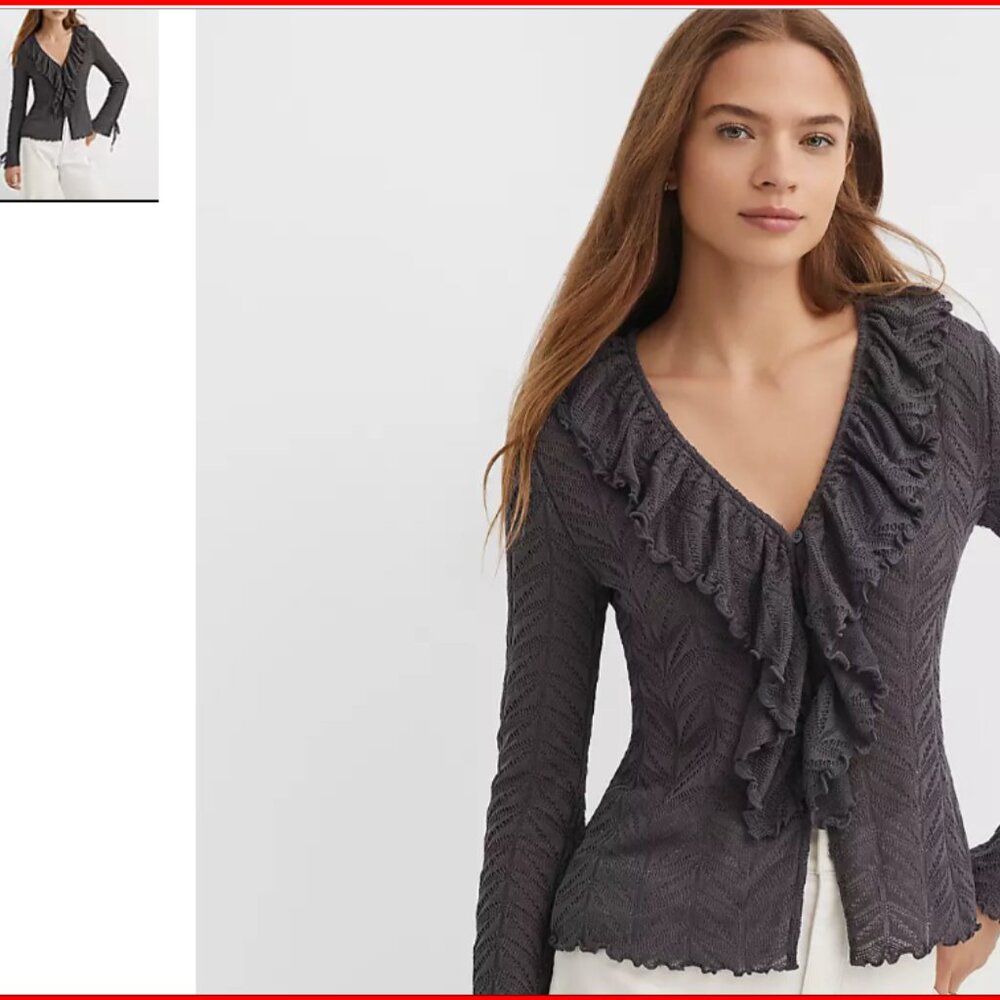 LOFT Pointelle Ruffle Tie Cuff Top  size XL  NWT